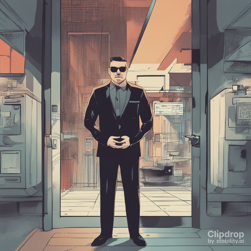 Eine comichafte Zeichnung eines Mannes im dunklen Anzug mit Sonnenbrille, der den Zutritt zu einem Datenarchiv im Hintergrund versperrt