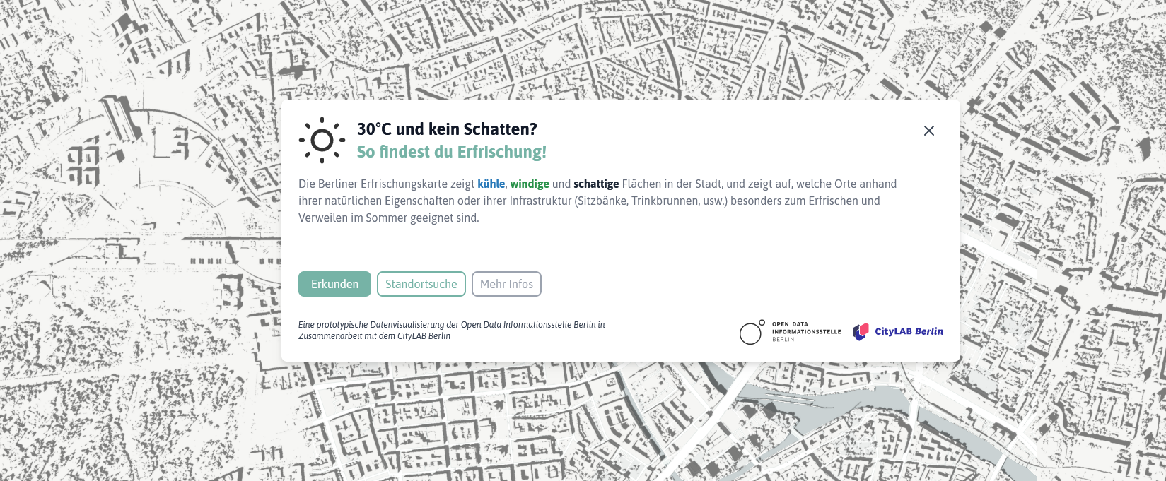 Screenshot aus der Erfrischungskarte, die Temperaturverhältnisse, Kaltluftverhältnisse und Schattenbereiche in Berlin visualisiert